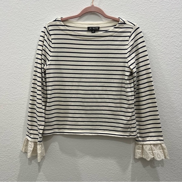 J. Crew Tops - J Crew cropped navy striped blouse with eyelet ruffle trim on‎ sleeve XS